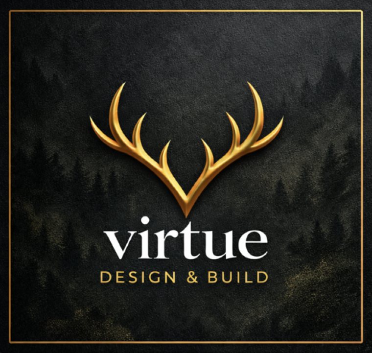 Virtue Design and Build logo with gold antlers over a misty evergreen forest