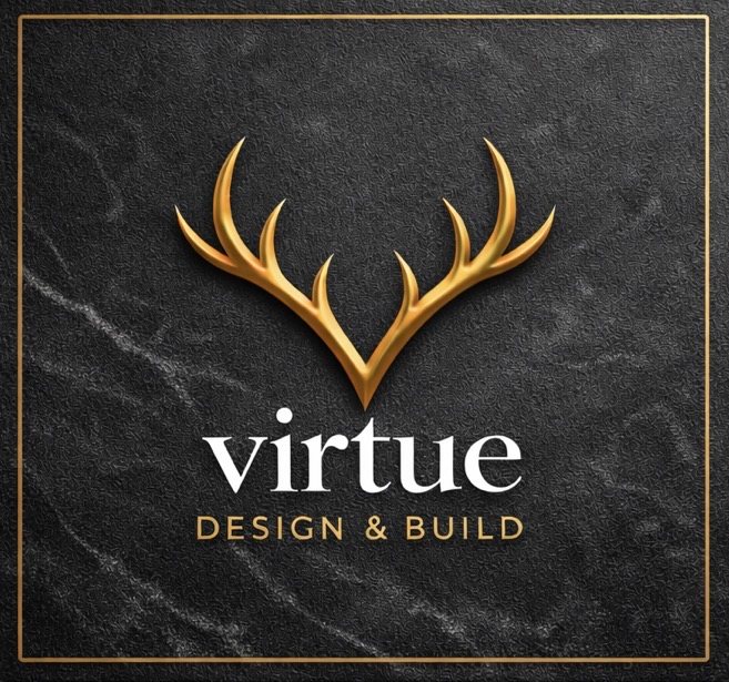 Virtue Design and Build logo on black marble with a gold frame